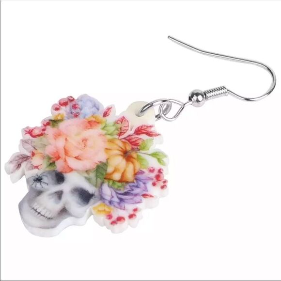 Skull with Floral Crown Lightweight Earrings Halloween Dia de los Muertos Sugar - Picture 2 of 5